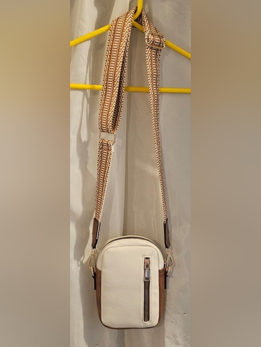 Cream and Brown Crossbody Bag with Patterned Adjustable Strap